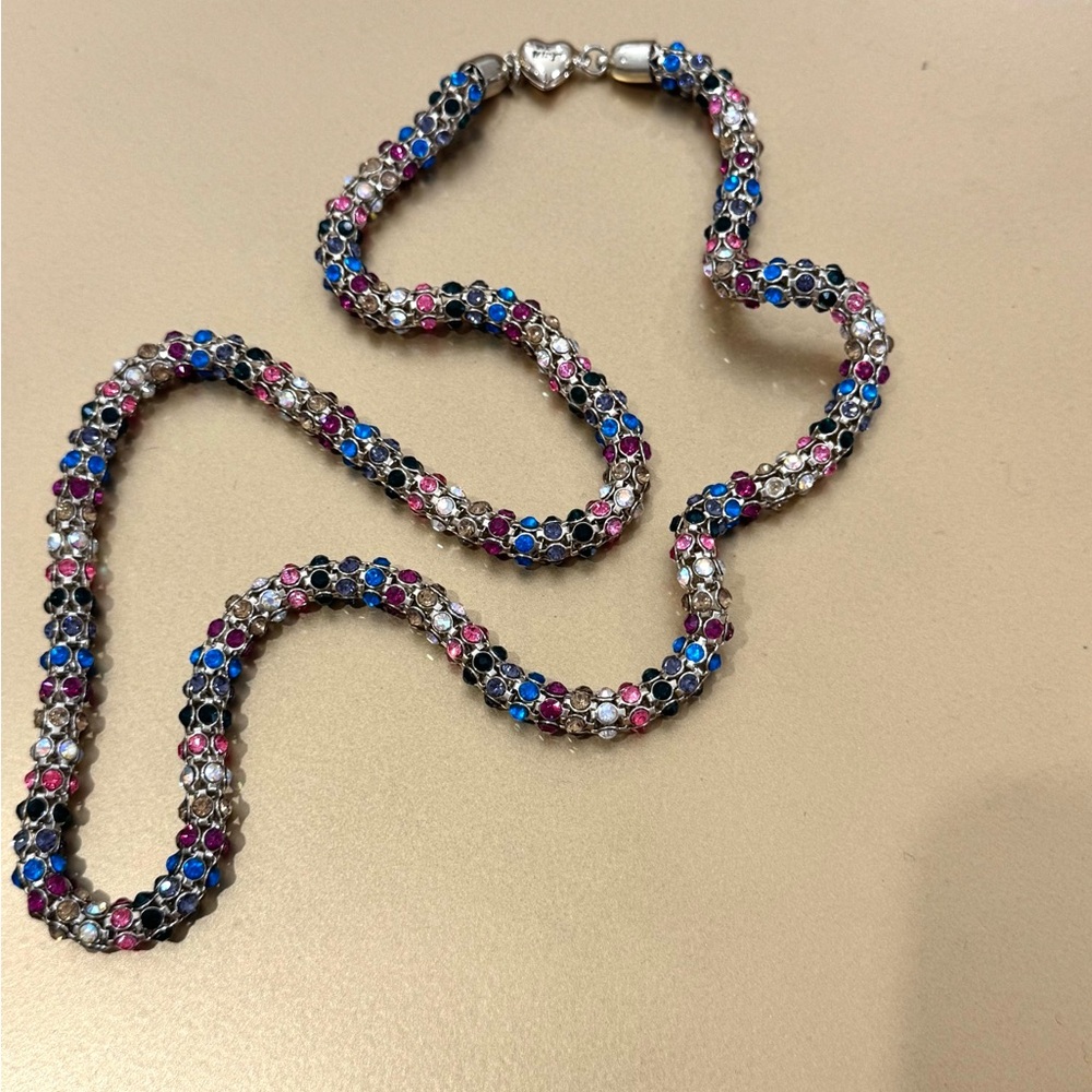 Betsey Johnson Long Multicolor Crystal Mesh Tube Necklace magnetic heart clasp